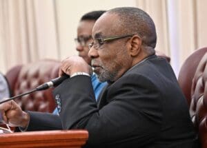 Nathan Simmonds answered questions about rum cover problems. (Photo from V.I. Senate)