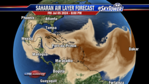 A forecast of the Saharan air layer shows dust across the region through the weekend. (Photo courtesy MyFoxHurricane.com)