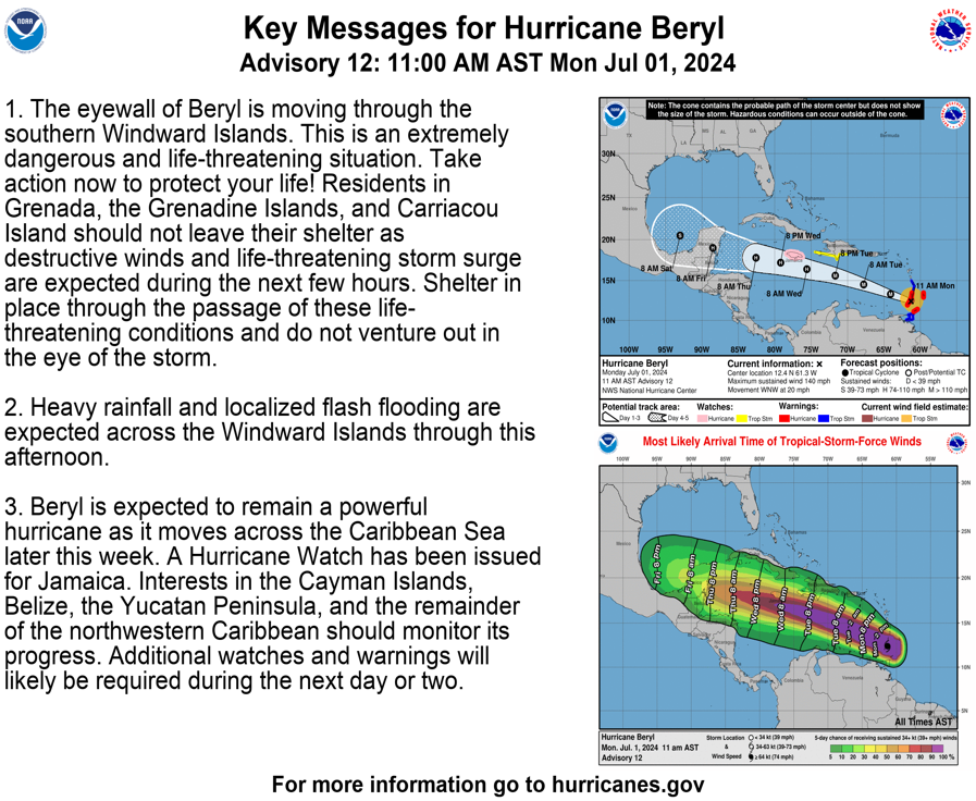 “Key Messages for Hurricane Beryl” as of 11 a.m. on Monday. (Photo courtesy NHC)
