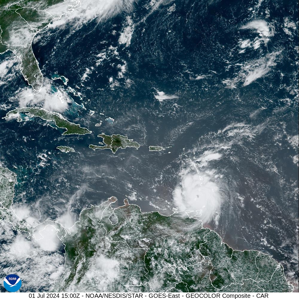 Visible satellite imagery obtained at 11:00 a.m. on Monday shows Hurricane Beryl passing across the southern Lesser Antilles. (Photo courtesy NOAA)