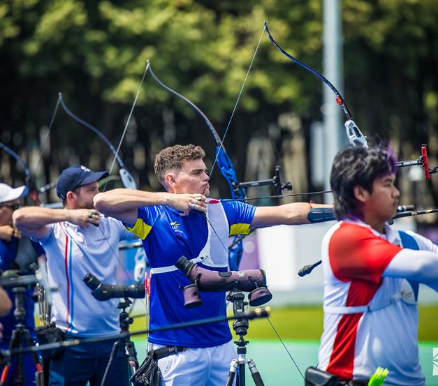 Nicholas D’Amour of St. Thomas, practices ahead of the men’s archery individual ranking round Thursday at the Olympic Games in Paris. (Photo by Kevin D’Amour)