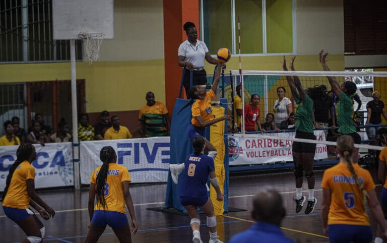 4. ISV Mackaylah Mattis spikes the ball in her semi-final match at the CAZOVA U19 Volleyball Championships. (Photo by Sean Morrison)