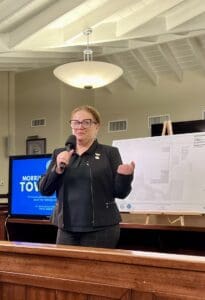 Health Commissioner Justa Encarnacion fielded questions at Friday’s townhall about the reconstruction of the deCastro Clinic in Cruz Bay. (Source photo by Amy H. Roberts)