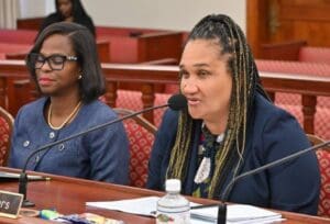 Education Commissioner Dionne Wells-Hedrington recently testifies about territorial public school projects (Source file photo).