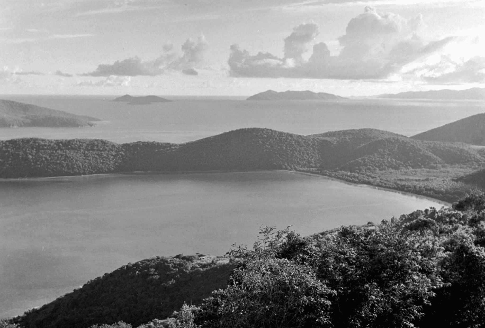 A view of the Magens Bay watershed in 1962, including the Peterborg peninsula, as seen from the Drake's Seat lookout. (Photo by Ray Miles)