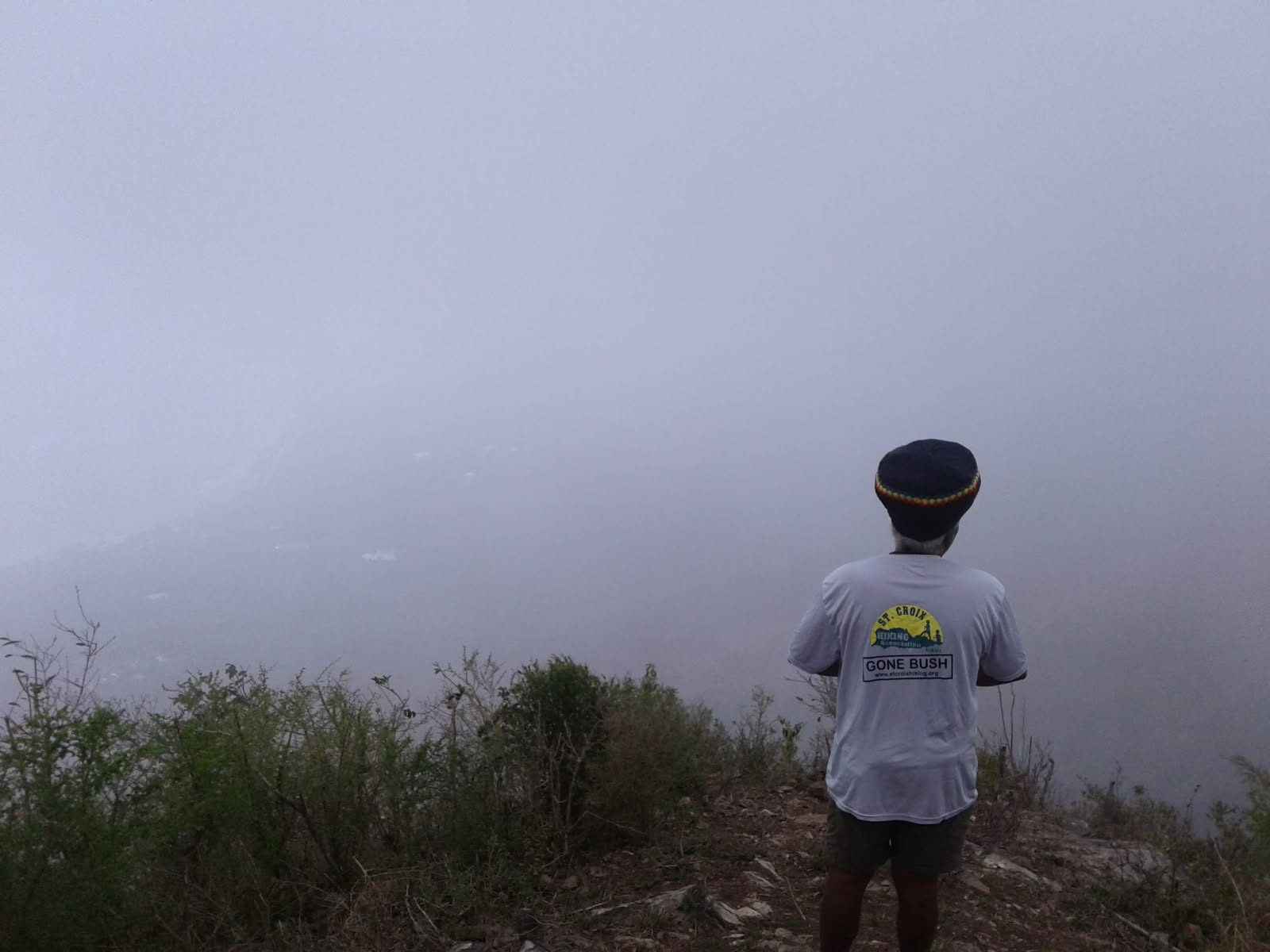 Olasee Davis on an early January morning at the summit of Mt. Eagle, where the fog covered the entire mountain. “Believe me, it was a spiritual experience of Mt. Eagle in the fog where runaway slaves once hid,” he said. (Photo courtesy Olasee Davis)