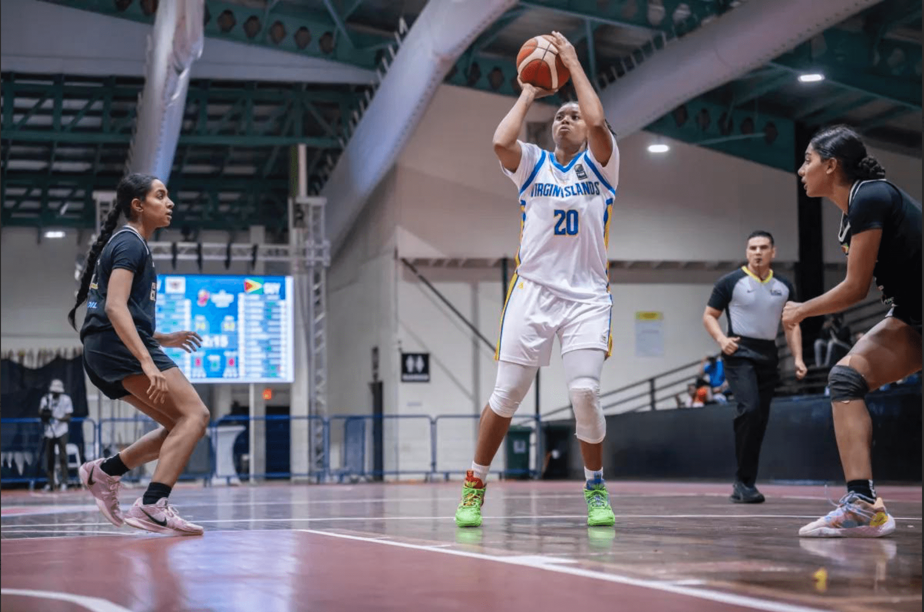 Victoria Hamilton takes a mid-range shot in the USVI win against Guyana. (Submitted Photo)