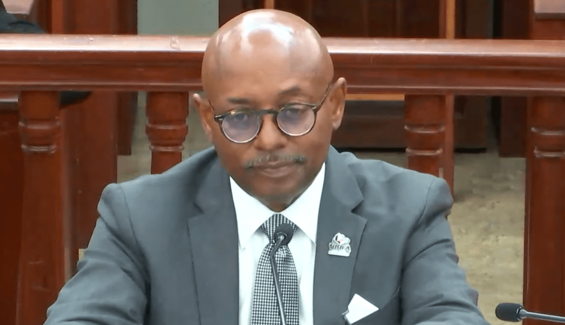 Eugene Jones Jr. testifies Wednesday before the Legislature’s Committee on Housing, Transportation and Telecommunications. (Photo courtesy VI Legislature)