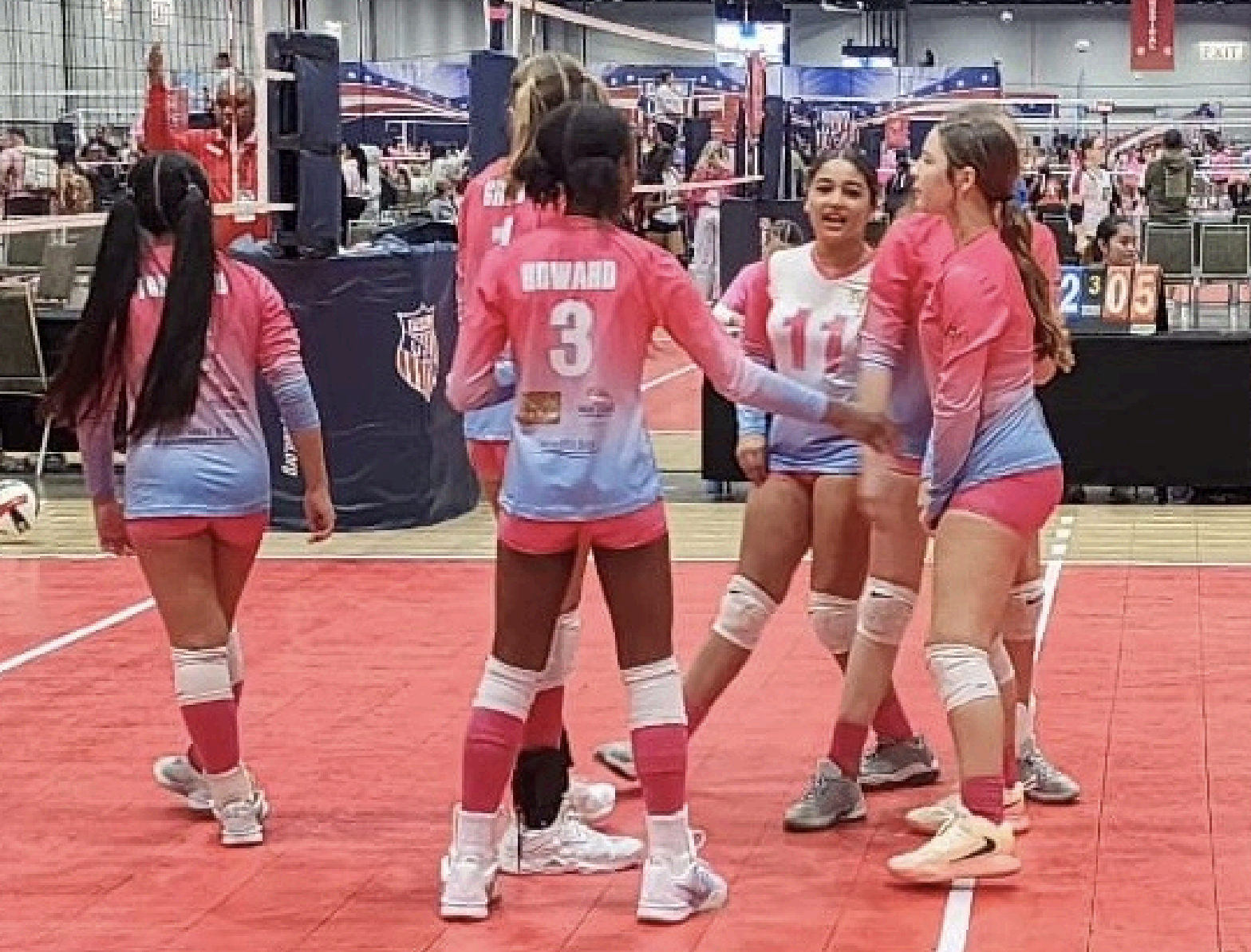 Island Mixx 13U celebrates after winning a point at 2026 AAU National Volleyball Championships. (Photo by Jevon Samuel)