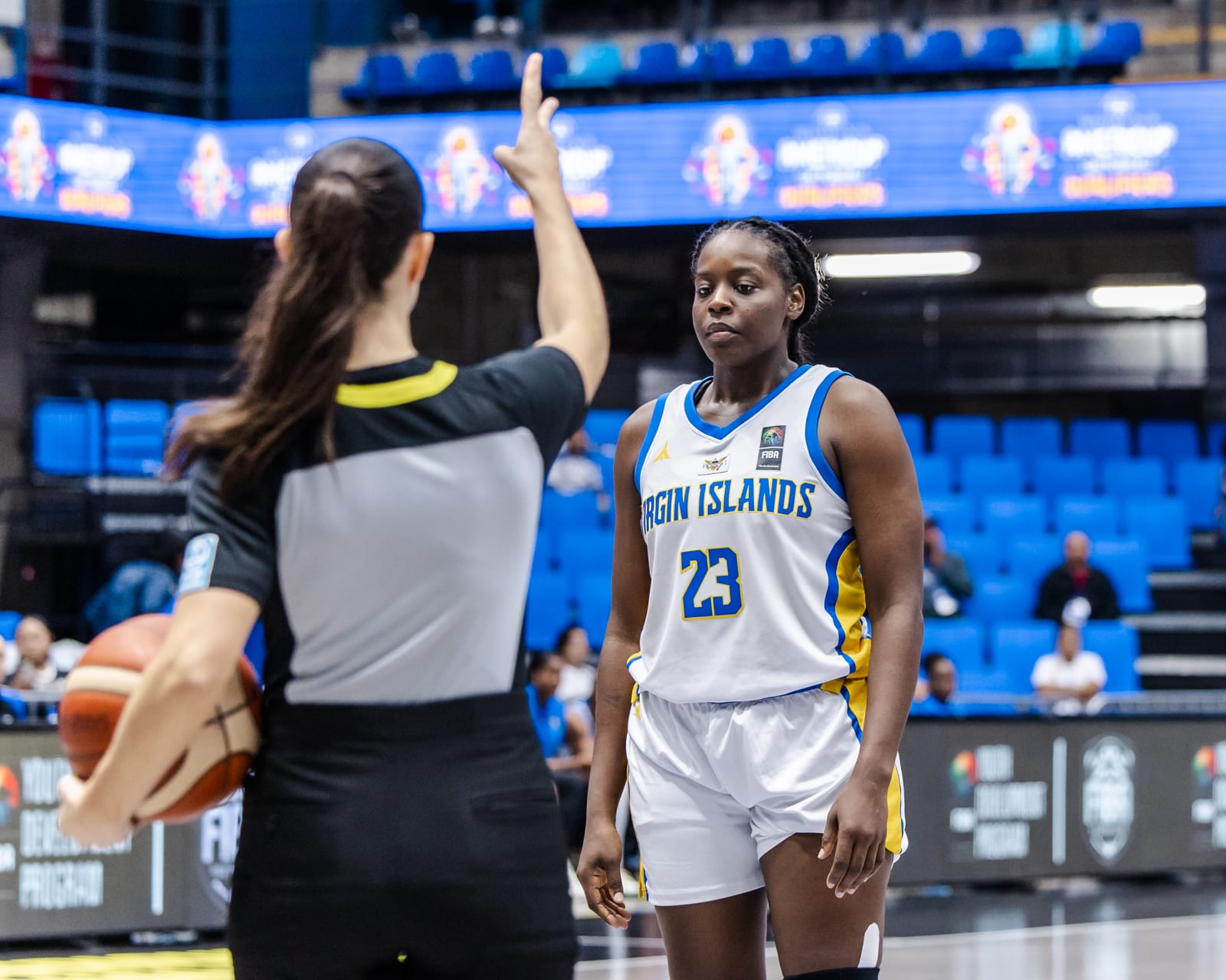 Anisha George, #23 for the USVI, prepares to shoot a free throw during the USVIquarterfinal game against the Bahamas at the FIBA Women’s CentroBasket Qualifier. (Submitted Photo).